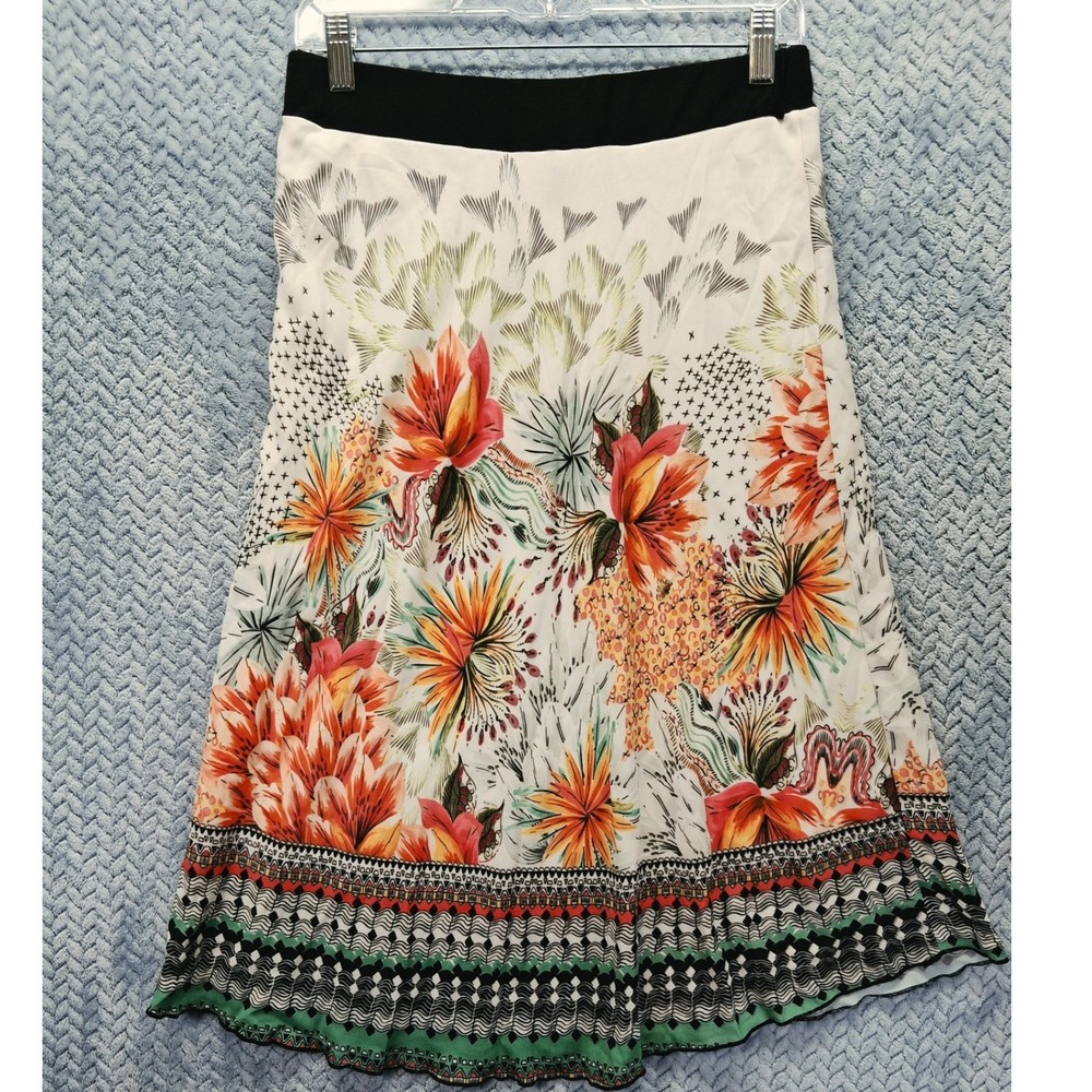 Lapis Floral Border Print Midi Skirt Large Orange Green Geometric A-Line USA